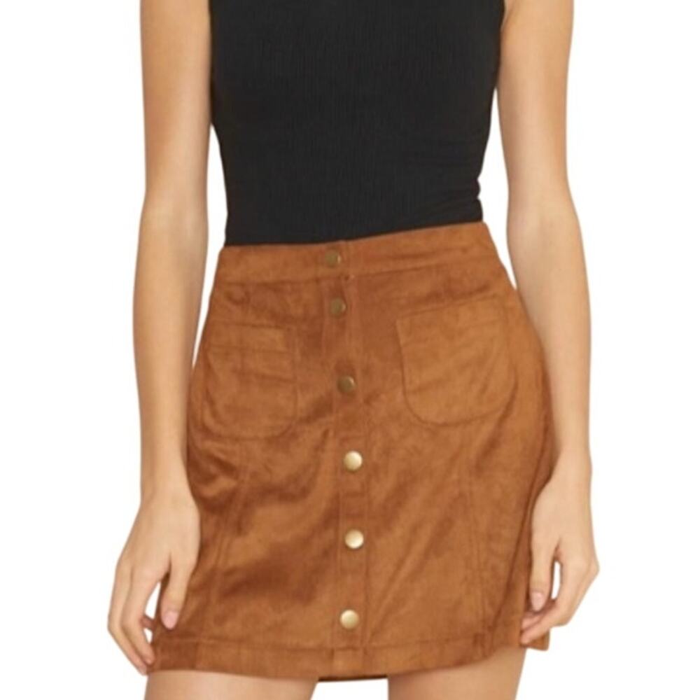 Garage (S) Brown Button Front 2 Square Pocket Faux Suede A-Line Skirt